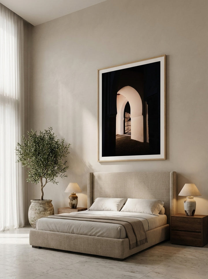 Oversized statement modern wall art print styled on the wall in a luxe bedroom