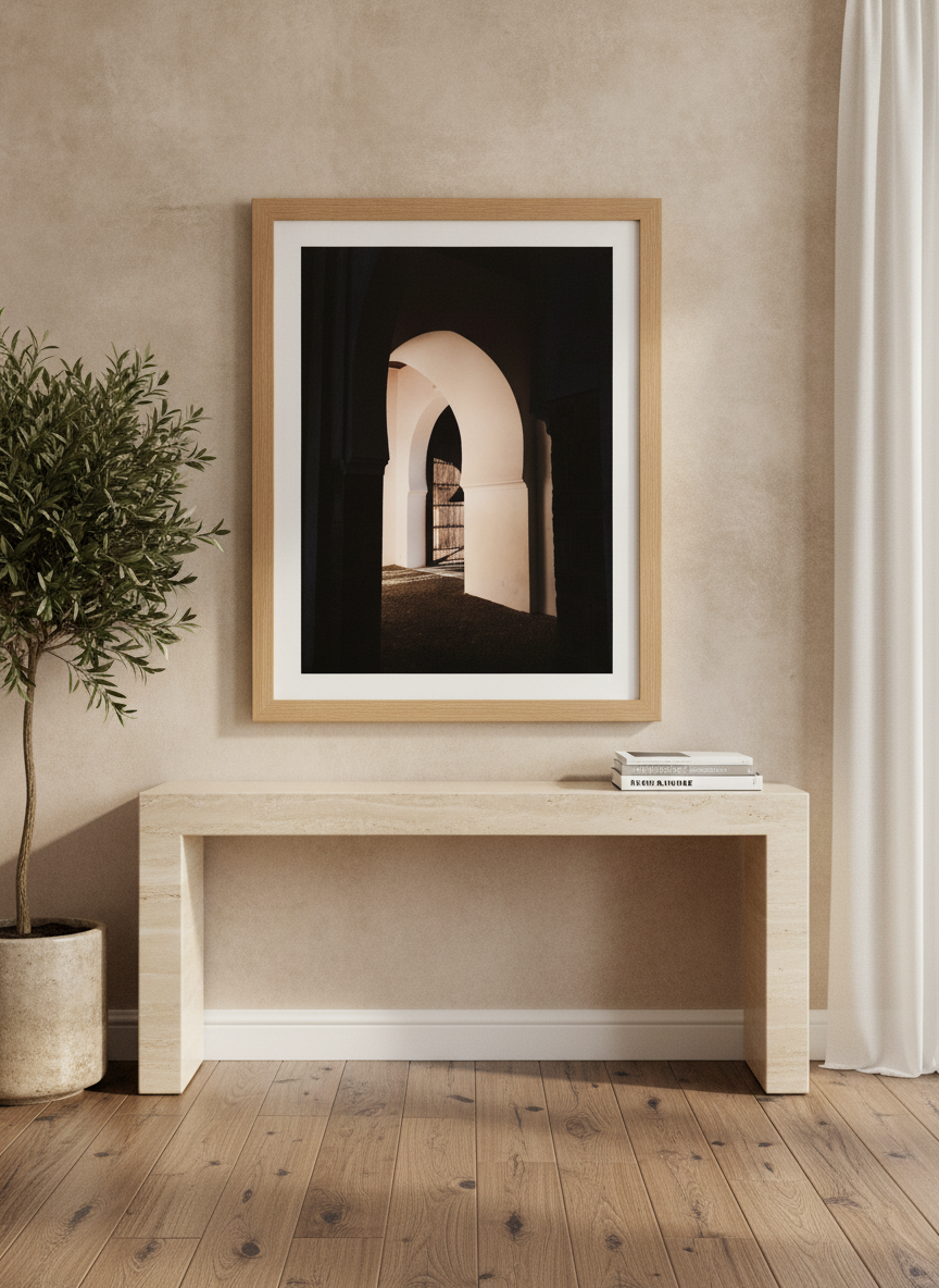 Modern wall art print styled on the wall in a luxe living room