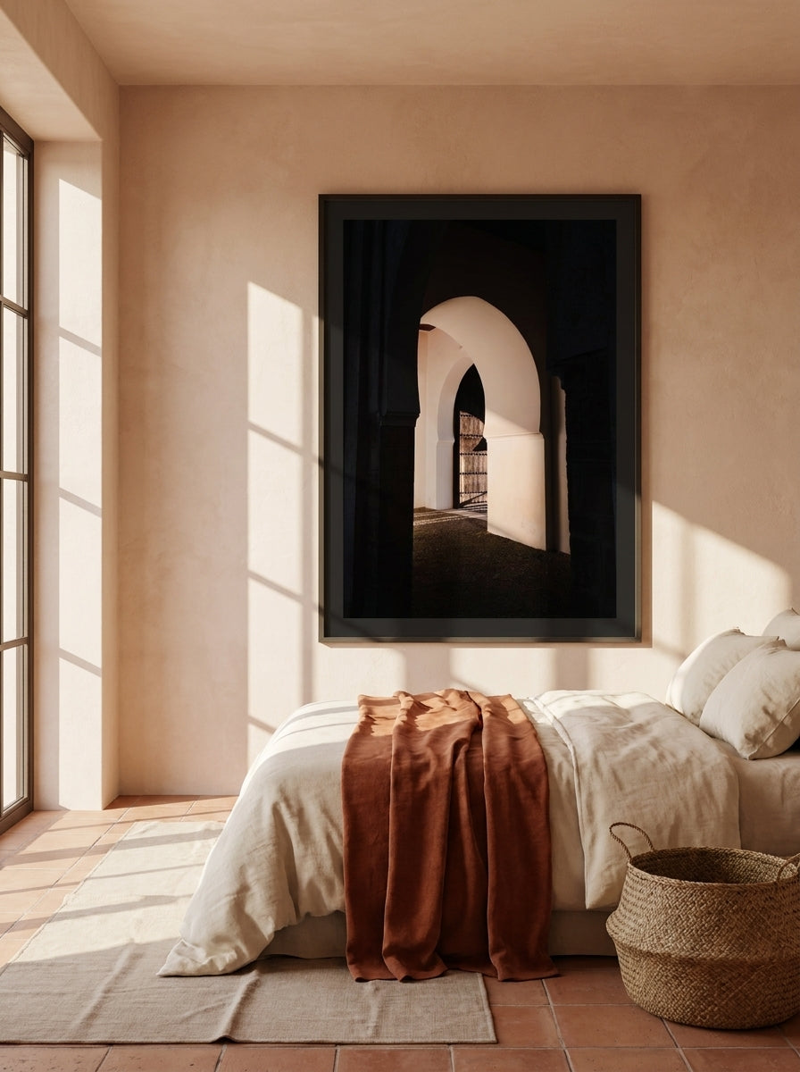 Oversized statement modern wall art print styled on the wall in a Mediterranean bedroom
