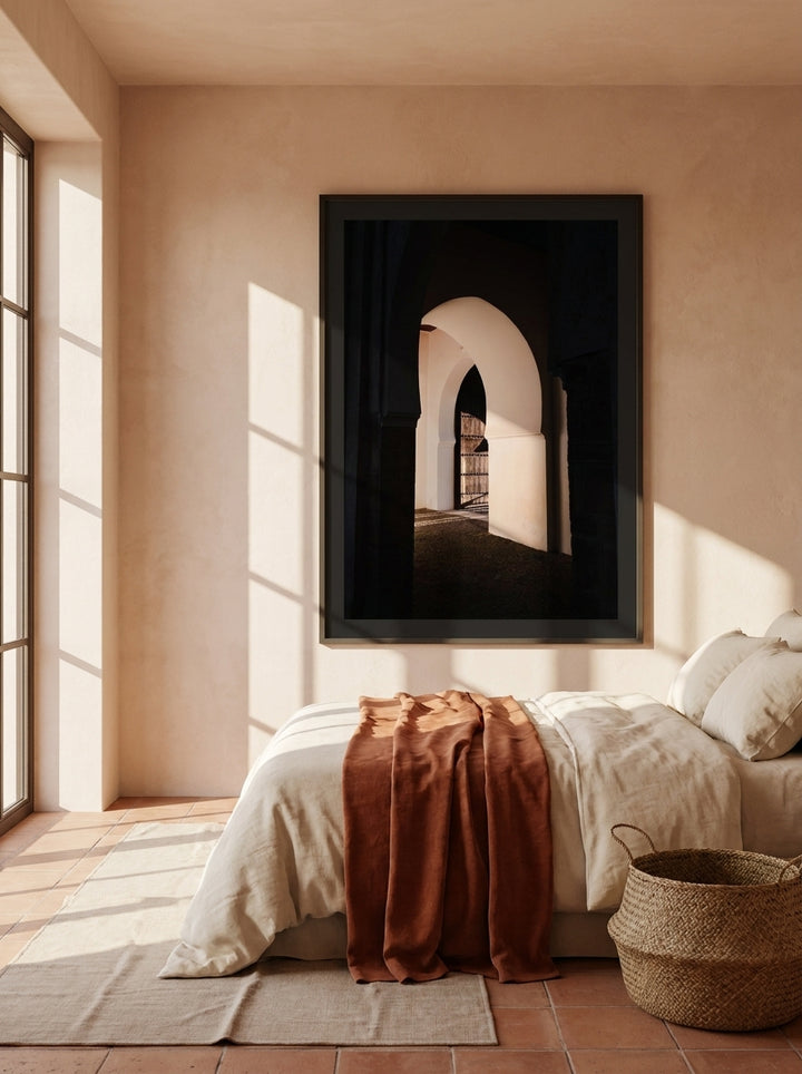 Oversized statement modern wall art print styled on the wall in a Mediterranean bedroom