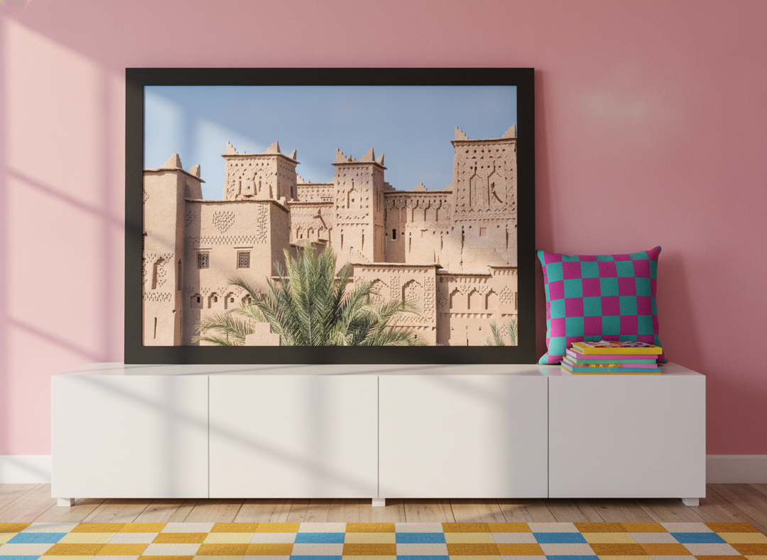 Modern wall art print standing on a sideboard in a colourful eclectic home office