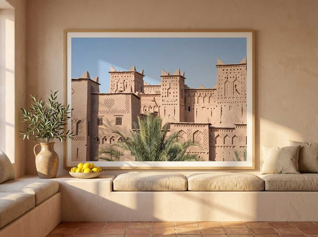 Modern wall art print styled on the wall in a Mediterranean living room