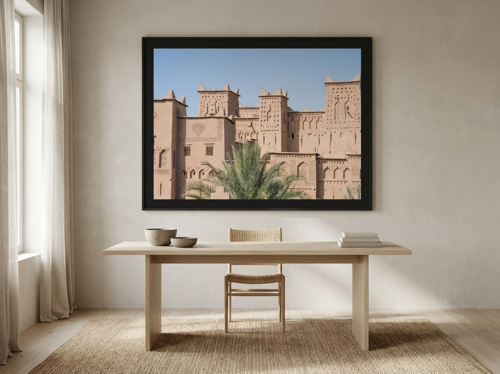 Oversized statement modern wall art print styled on the wall in a warm Japandi home office