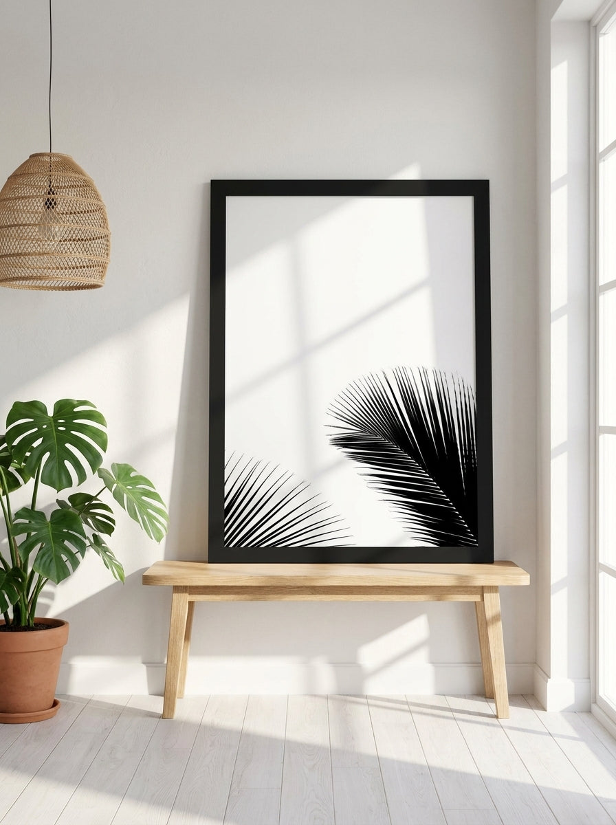 Modern wall art print standing on a bench in a bright Scandinavian bedroom