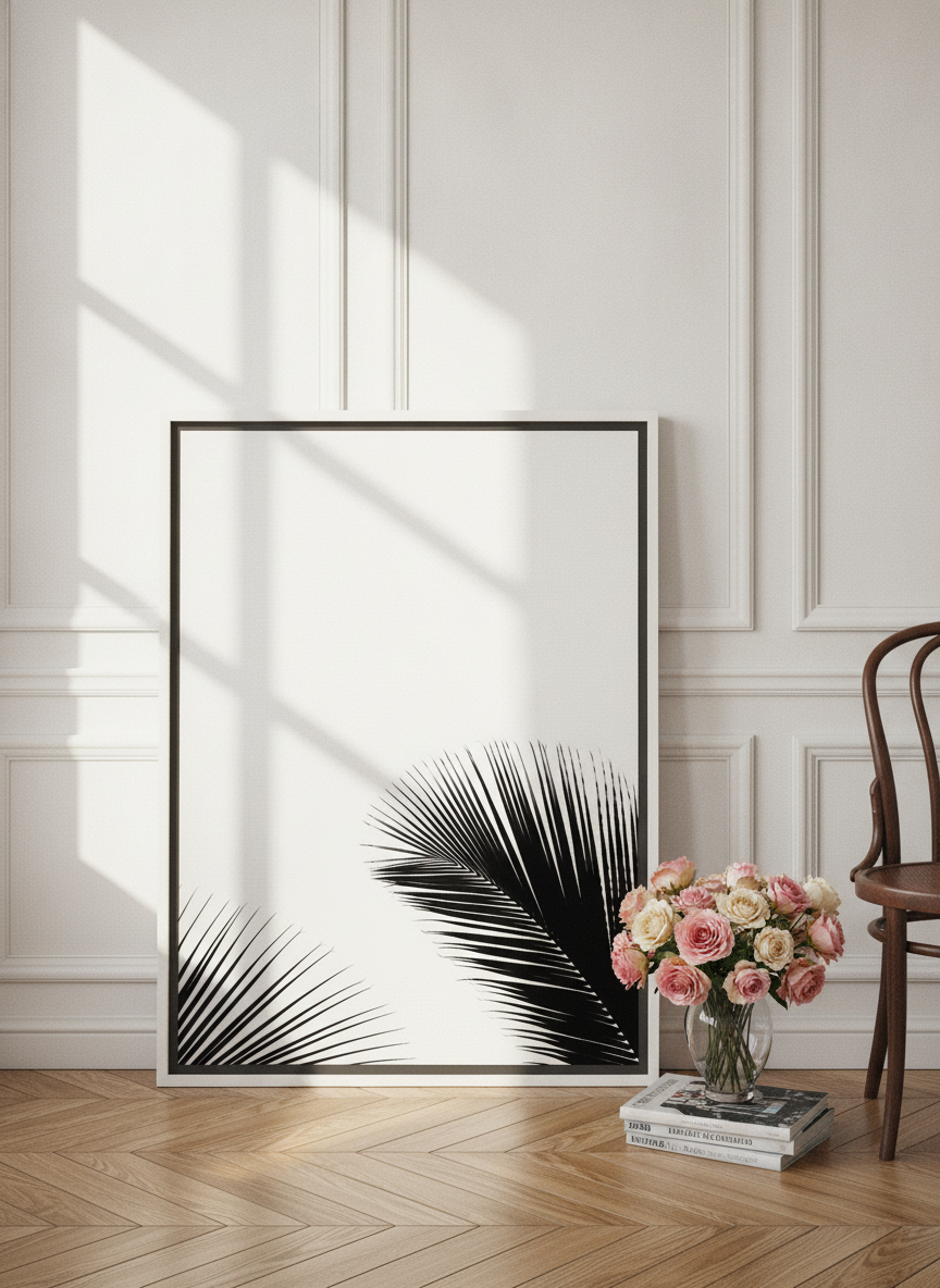 Canvas wall art with a white surround leaning against the wall in a Parisian bathroom