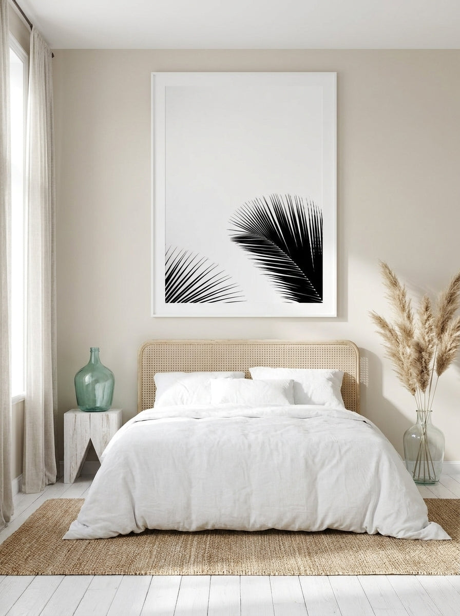 Oversized statement modern wall art print styled on the wall in a coastal bedroom