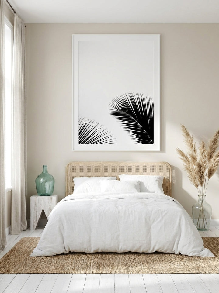 Oversized statement modern wall art print styled on the wall in a coastal bedroom