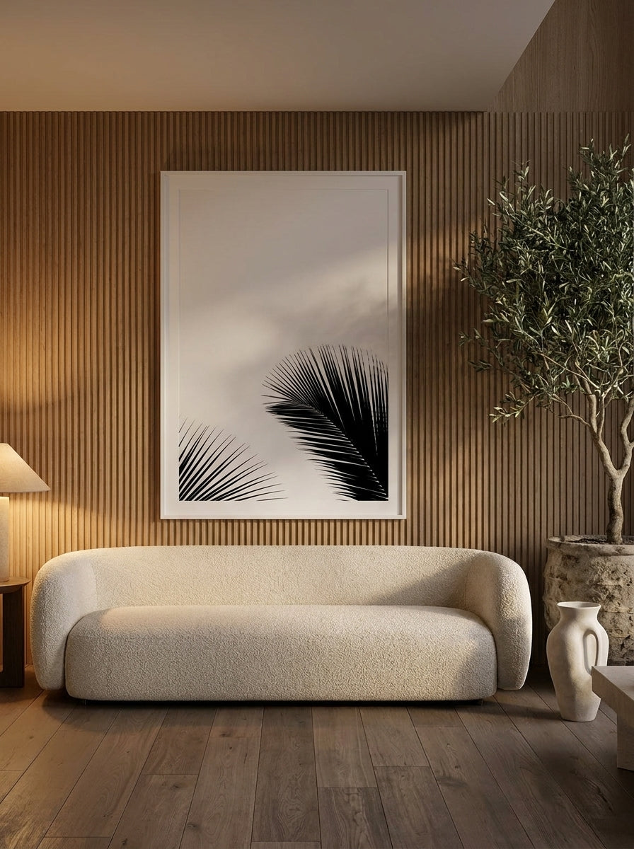 Oversized statement modern wall art print styled on the wall in a luxe living room