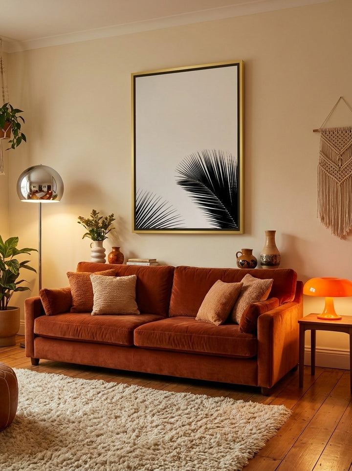 Oversized statement canvas wall art with a gold leaf surround styled on the wall in a retro 70s living room