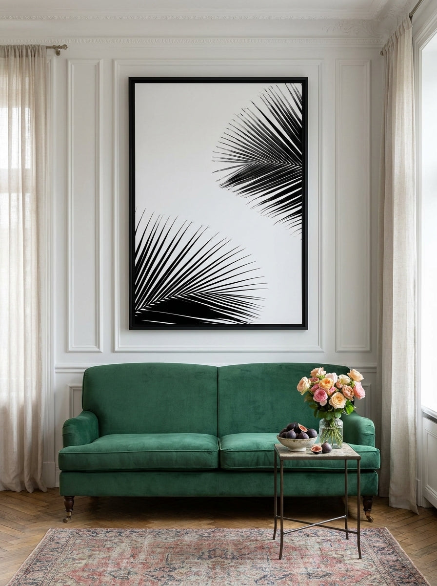 Oversized statement canvas wall art with a black surround styled on the wall in a Parisian living room
