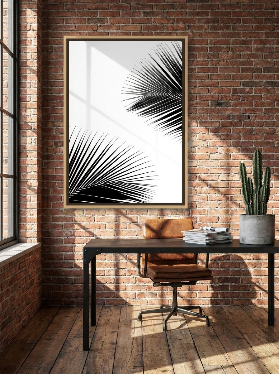 Canvas wall art with a natural timber surround styled on the wall in an industrial loft home office