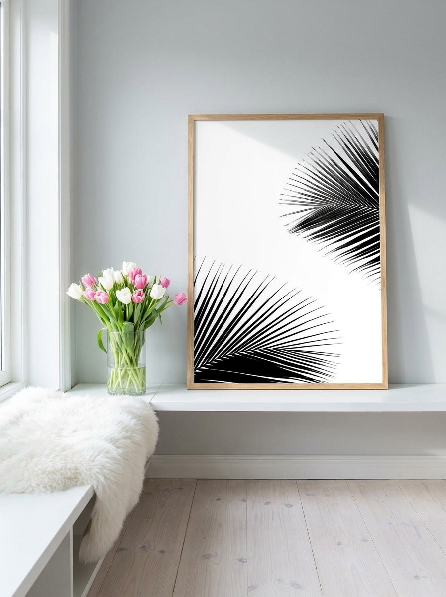 Modern wall art print standing on a shelf in a bright Scandinavian home office