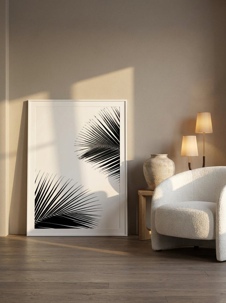 Modern wall art print leaning against the wall in a luxe bedroom