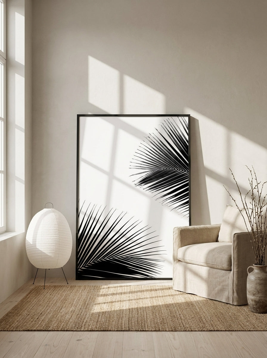 Oversized statement modern wall art print leaning against the wall in a warm Japandi living room