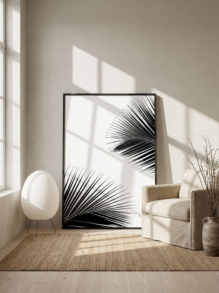 Oversized statement modern wall art print leaning against the wall in a warm Japandi living room