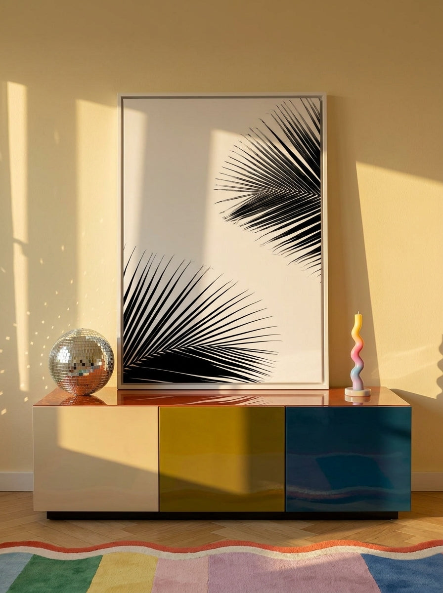 Canvas wall art with a white surround standing on a sideboard in a colourful eclectic bedroom