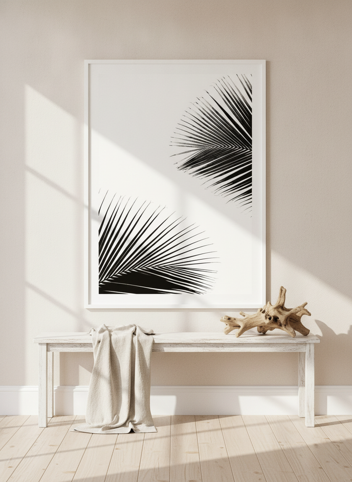 Oversized statement modern wall art print styled on the wall in a coastal living room