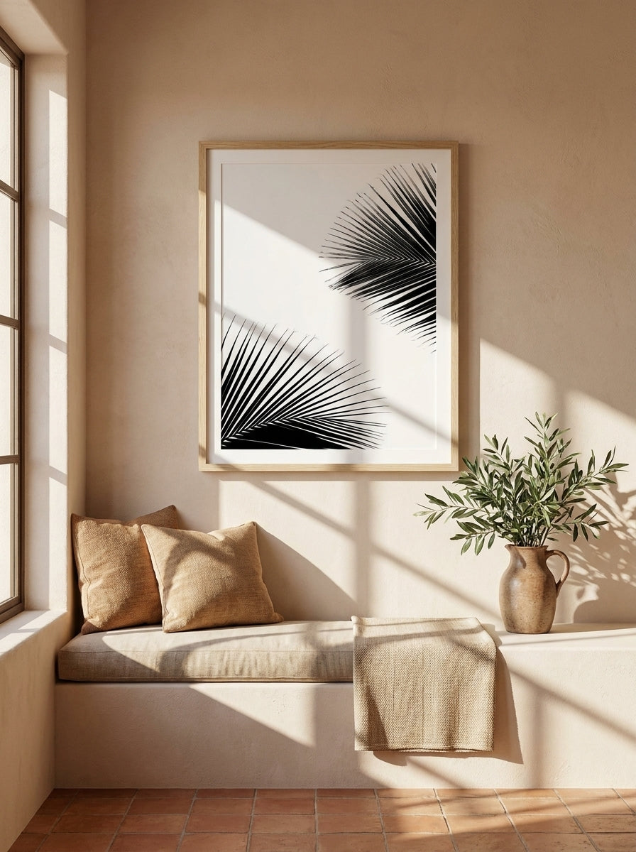 Modern wall art print styled on the wall in a Mediterranean living room
