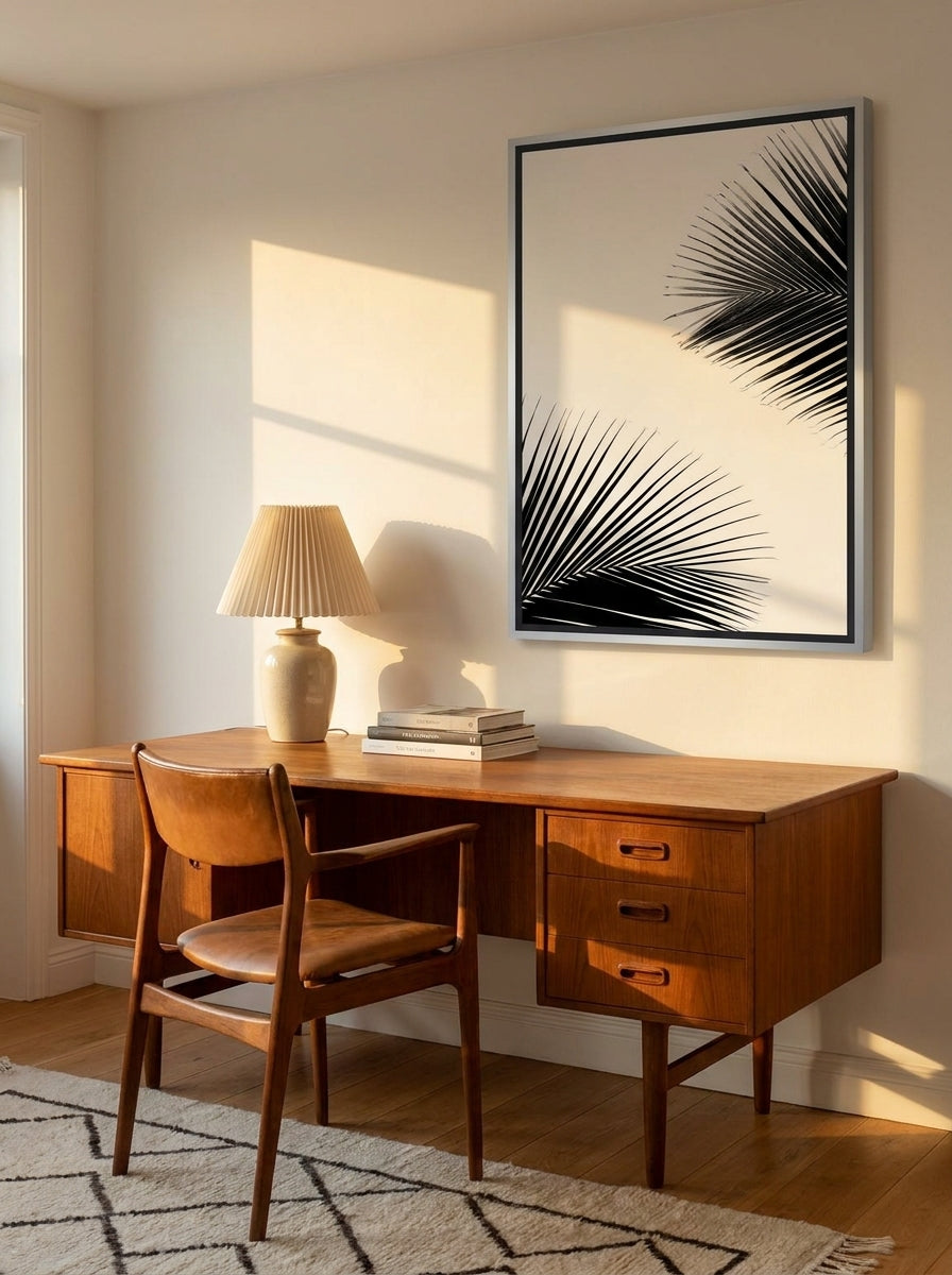 Canvas wall art with a silver leaf surround styled on the wall in a mid-century home office