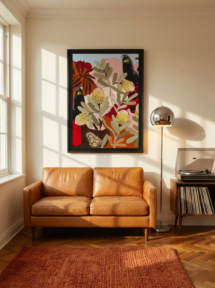 Modern wall art print styled on the wall in a retro 70s living room