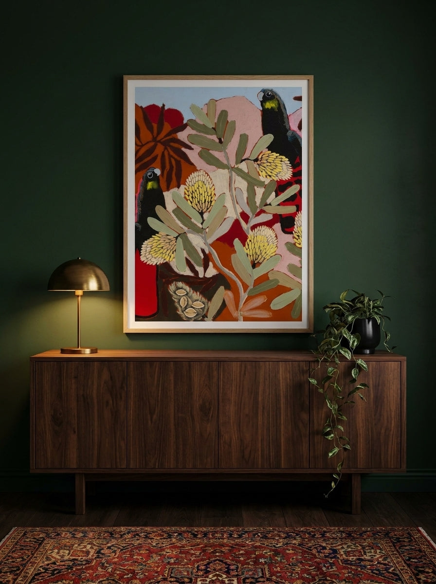 Modern wall art print styled on the wall in a moody living room