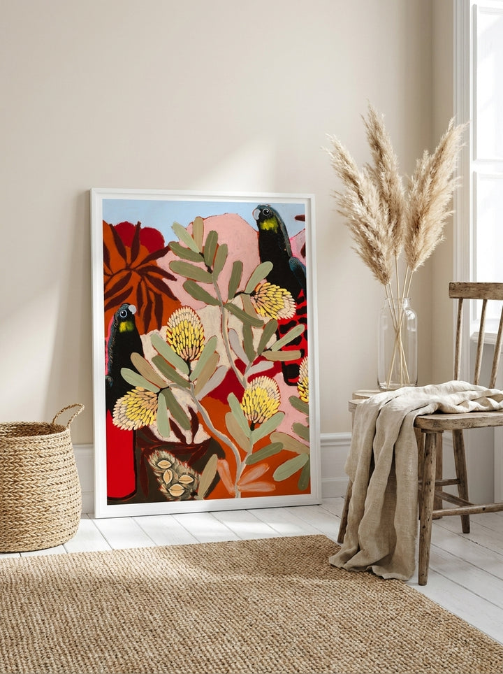 Modern wall art print leaning against the wall in a coastal dining room