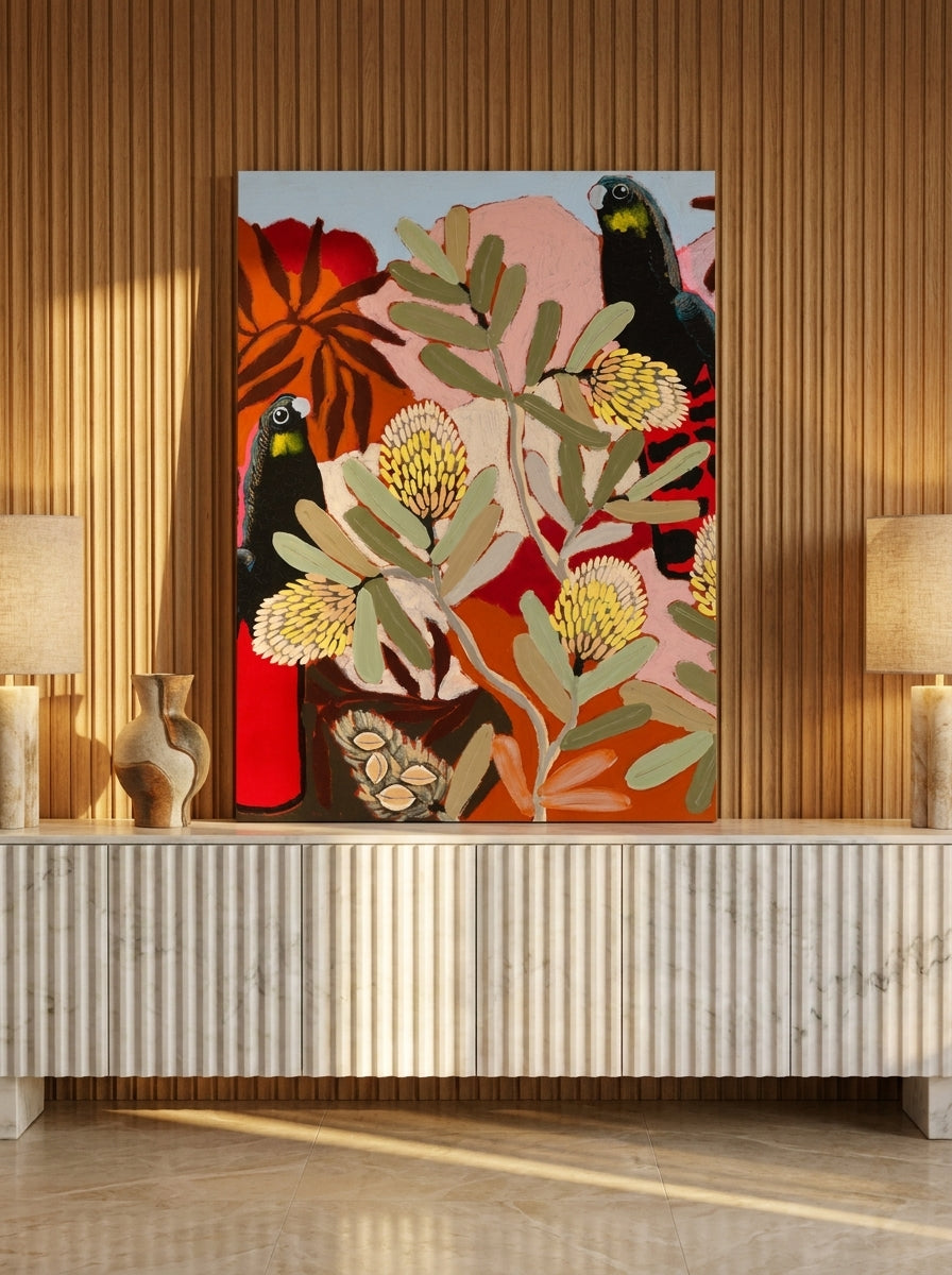 Stretched canvas wall art standing on a sideboard in a luxe bedroom