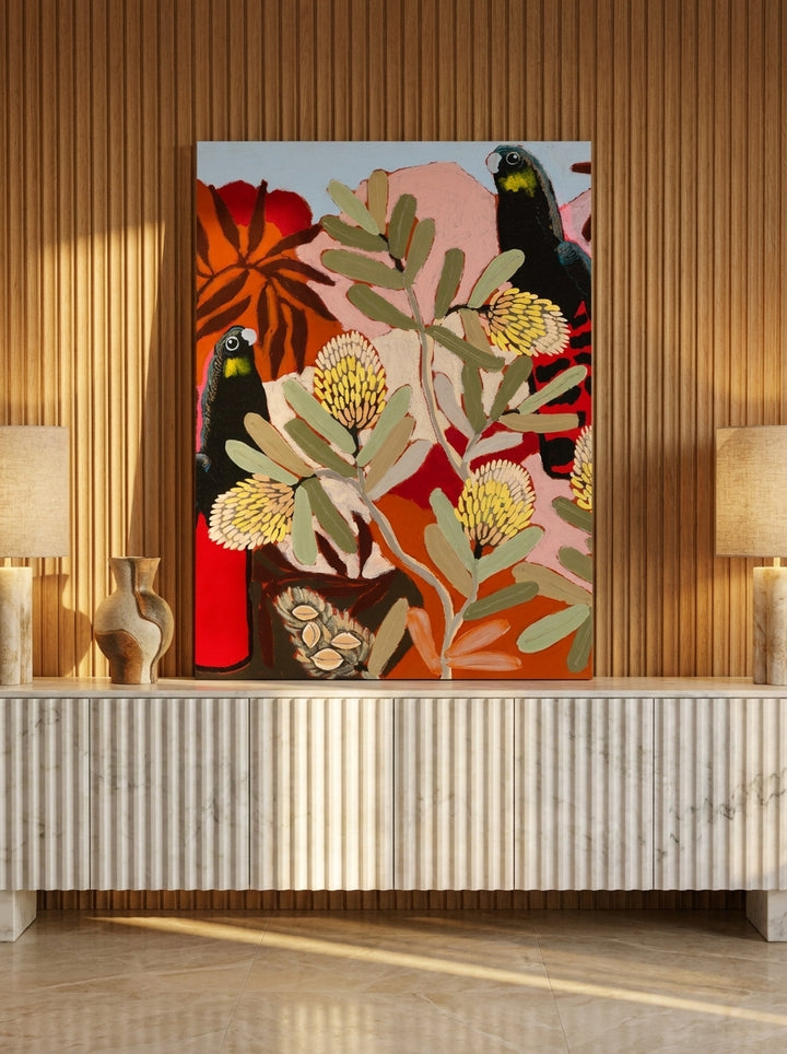 Stretched canvas wall art standing on a sideboard in a luxe bedroom