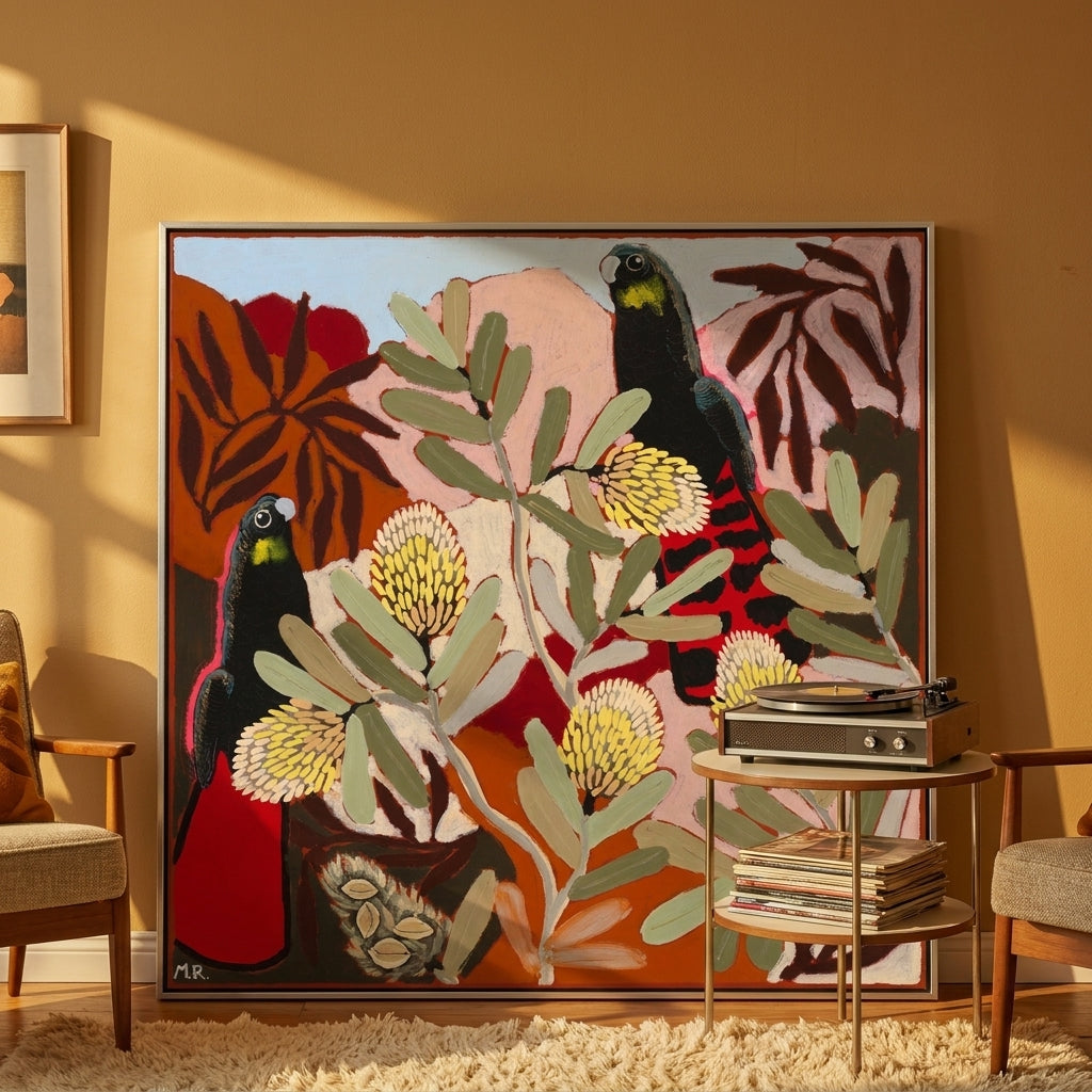 Oversized statement canvas wall art with a silver leaf surround leaning against the wall in a retro 70s living room
