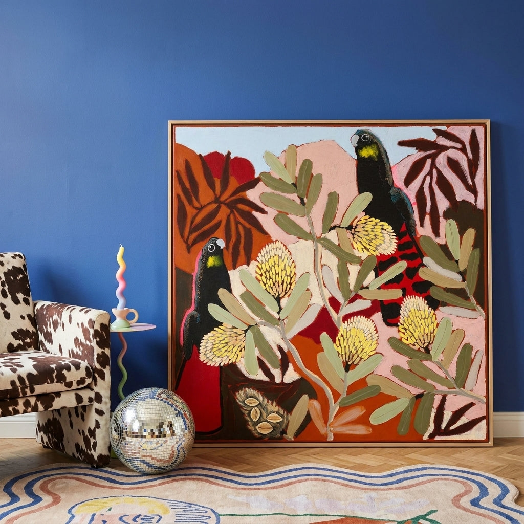 Oversized statement canvas wall art with a natural timber surround leaning against the wall in a colourful eclectic dining room