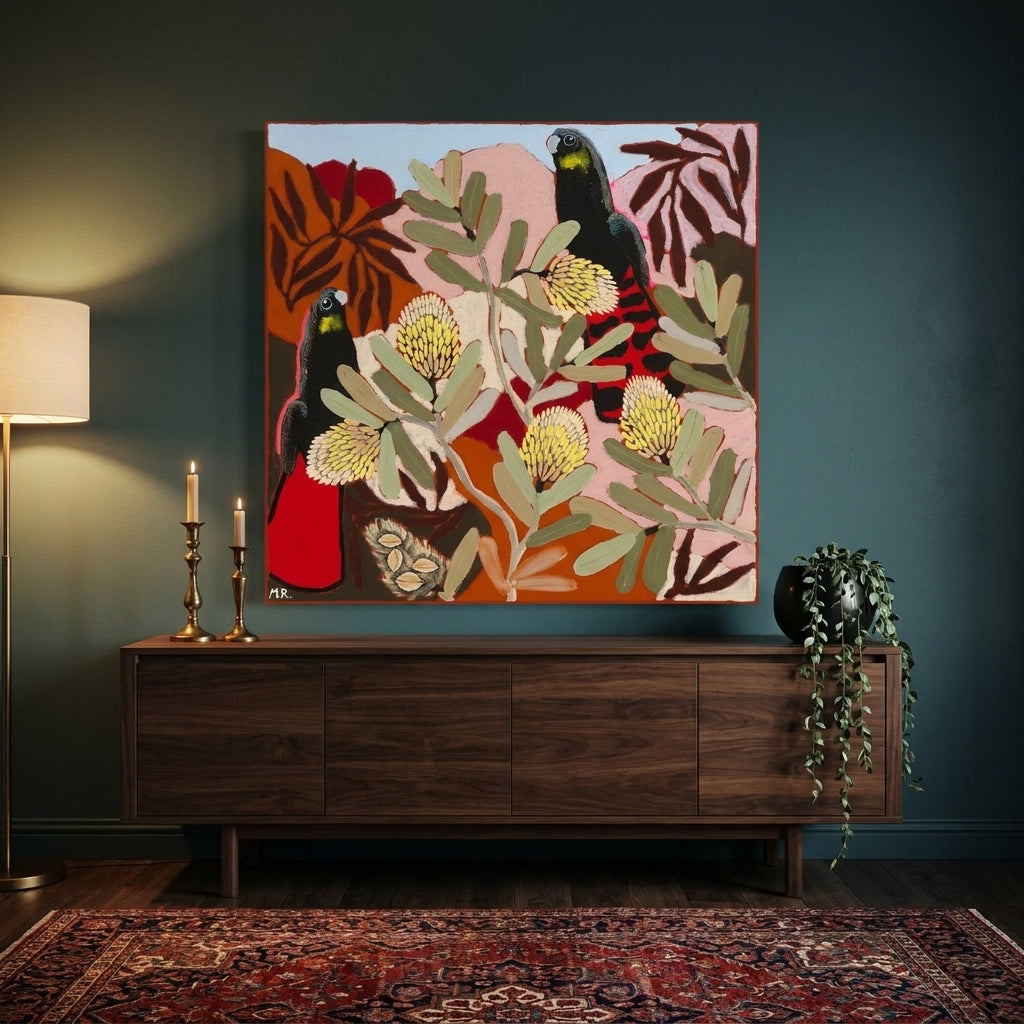 Stretched canvas wall art styled on the wall in a moody living room