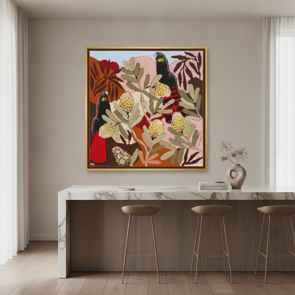 Canvas wall art with a gold leaf surround styled on the wall in a luxe kitchen