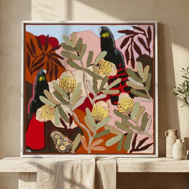 Canvas wall art with a white surround standing on a console in a Mediterranean bedroom