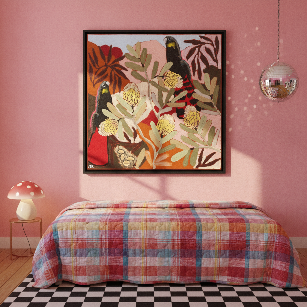 Canvas wall art with a black surround styled on the wall in a colourful eclectic bedroom