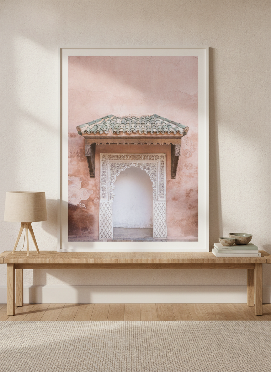 Modern wall art print standing on a bench in a warm Japandi bedroom