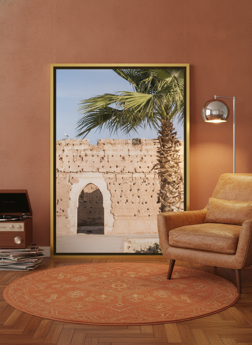 Canvas wall art with a gold leaf surround leaning against the wall in a retro 70s bedroom