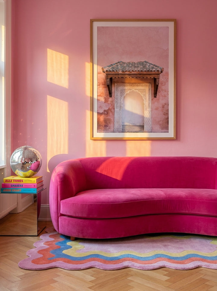 Modern wall art print styled on the wall in a colourful eclectic living room