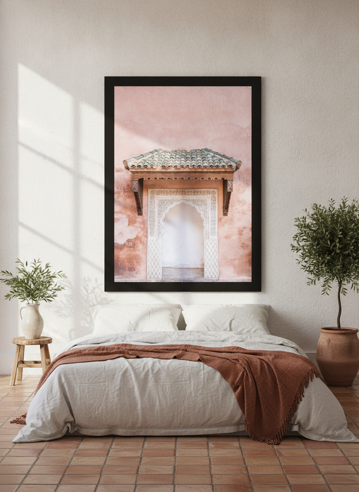 Oversized statement modern wall art print styled on the wall in a Mediterranean bedroom