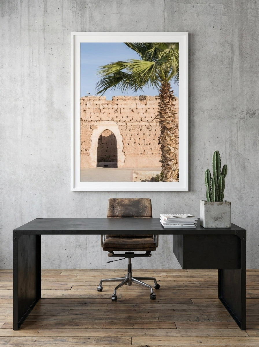 Modern wall art print styled on the wall in an industrial loft home office
