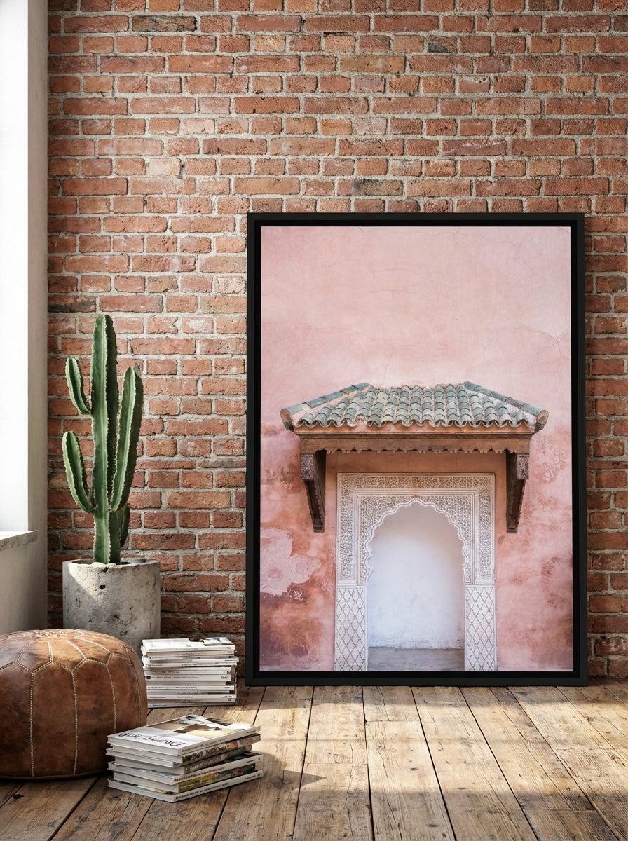 Canvas wall art with a black surround leaning against the wall in an industrial loft living room