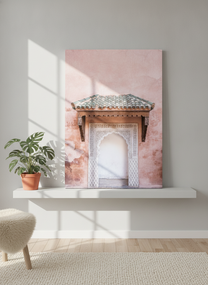 Stretched canvas wall art standing on a shelf in a bright Scandinavian home office