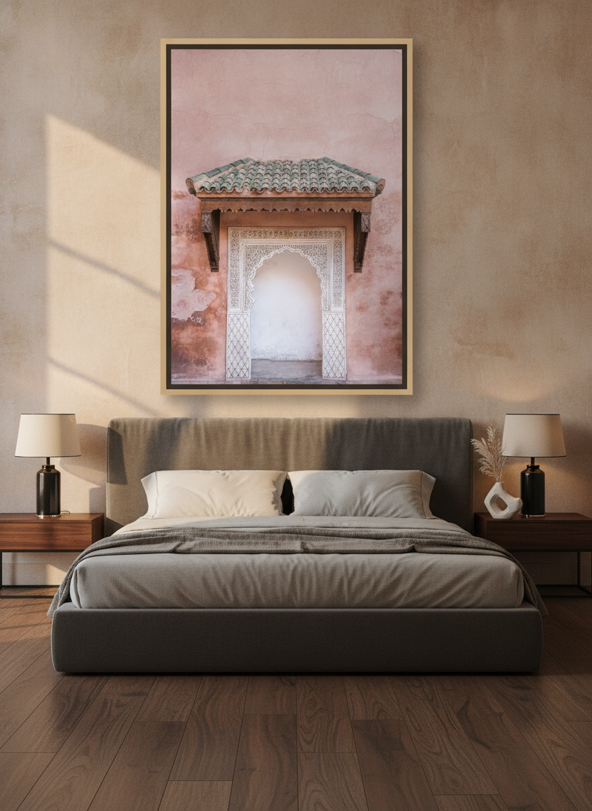 Oversized statement canvas wall art with a natural timber surround styled on the wall in a luxe bedroom