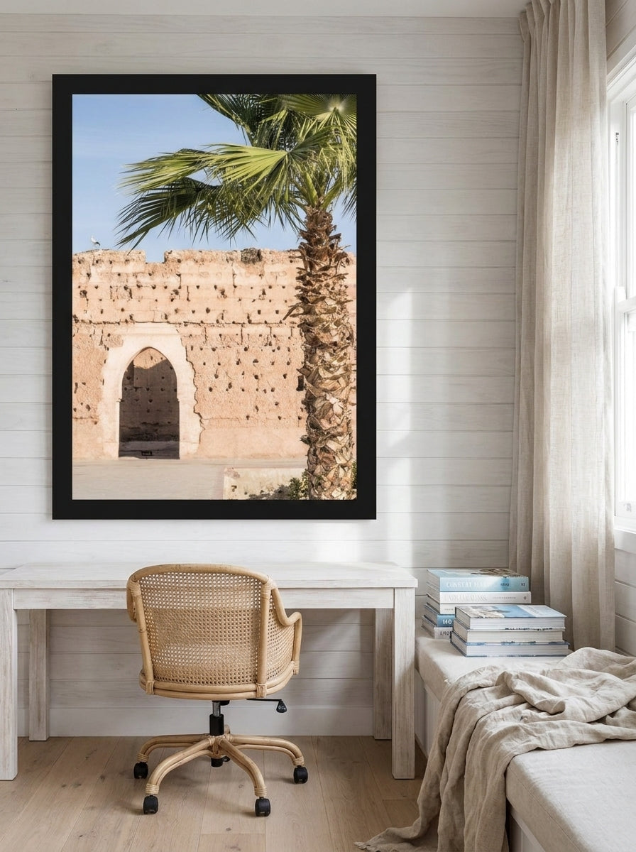 Oversized statement modern wall art print styled on the wall in a coastal home office