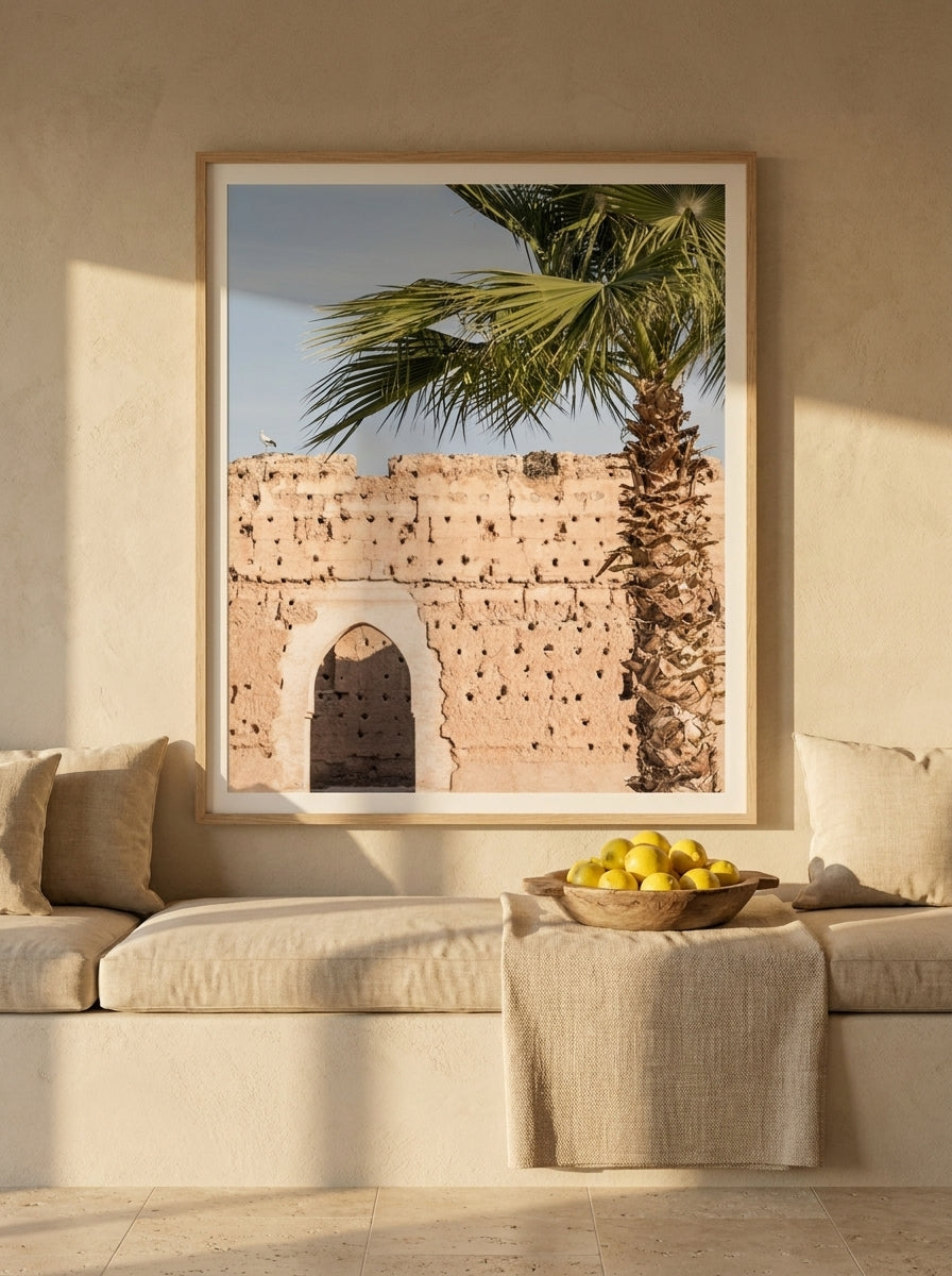 Modern wall art print styled on the wall in a Mediterranean living room