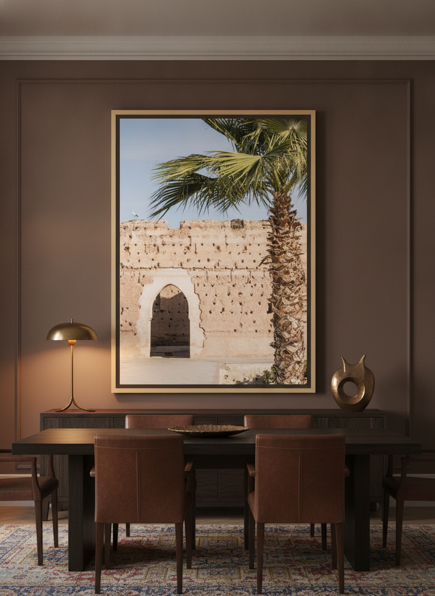 Oversized statement canvas wall art with a natural timber surround styled on the wall in a moody dining room