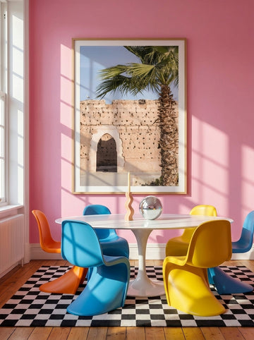 Oversized statement modern wall art print styled on the wall in a colourful eclectic dining room