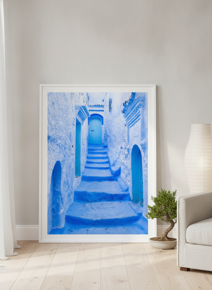 Modern wall art print leaning against the wall in a warm Japandi home office