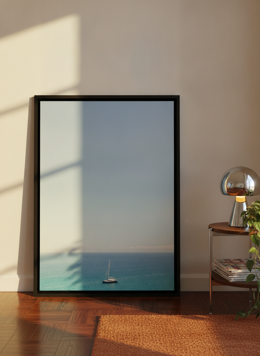 Canvas wall art with a black surround leaning against the wall in a retro 70s home office