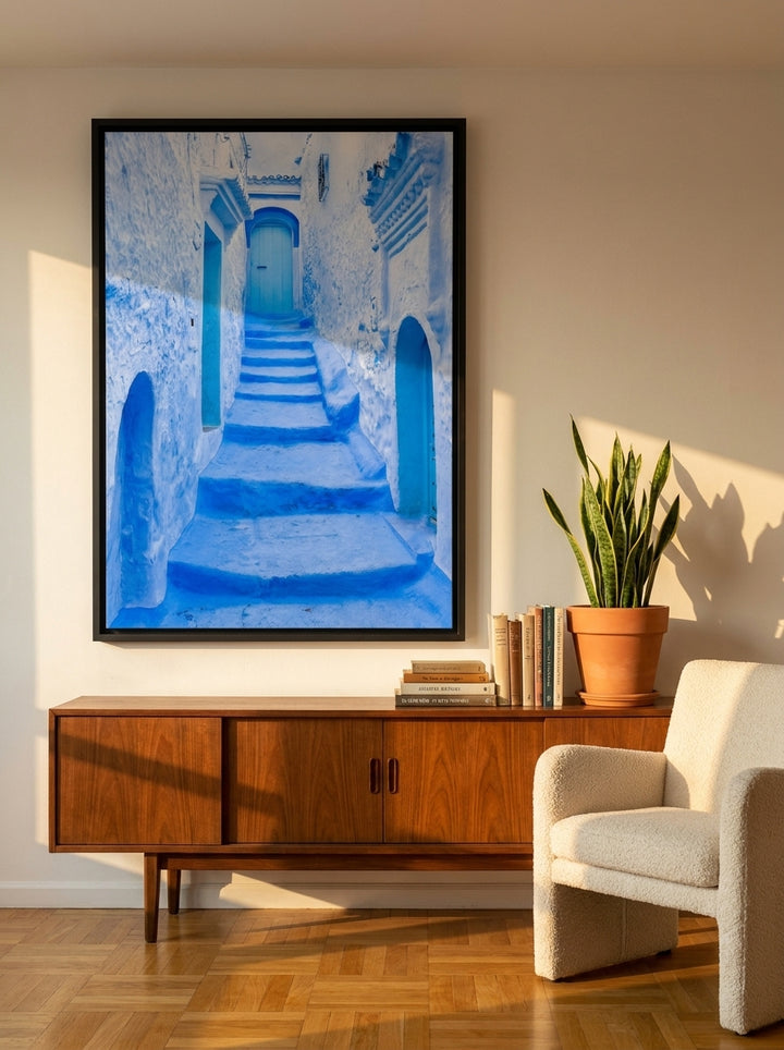 Oversized statement canvas wall art with a black surround styled on the wall in a mid-century living room