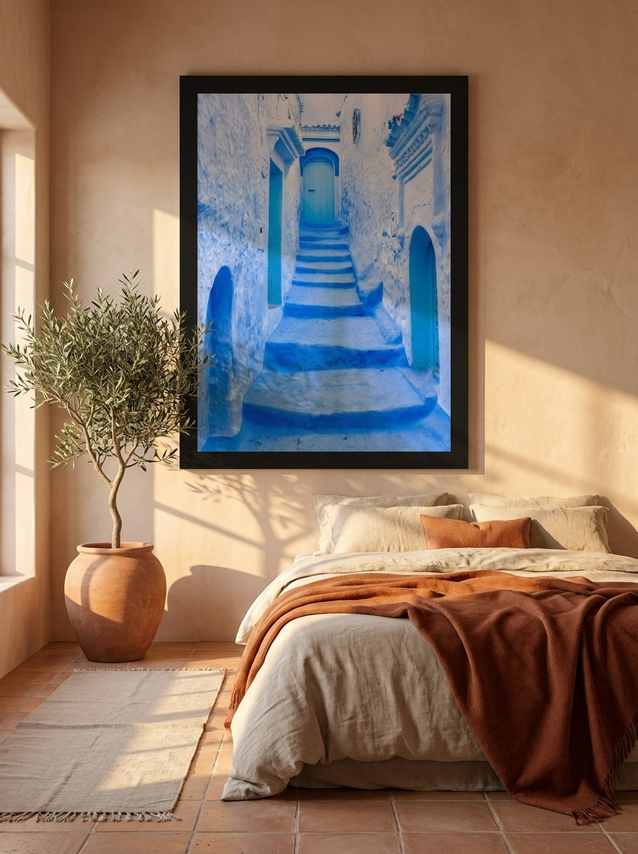Oversized statement modern wall art print styled on the wall in a Mediterranean bedroom